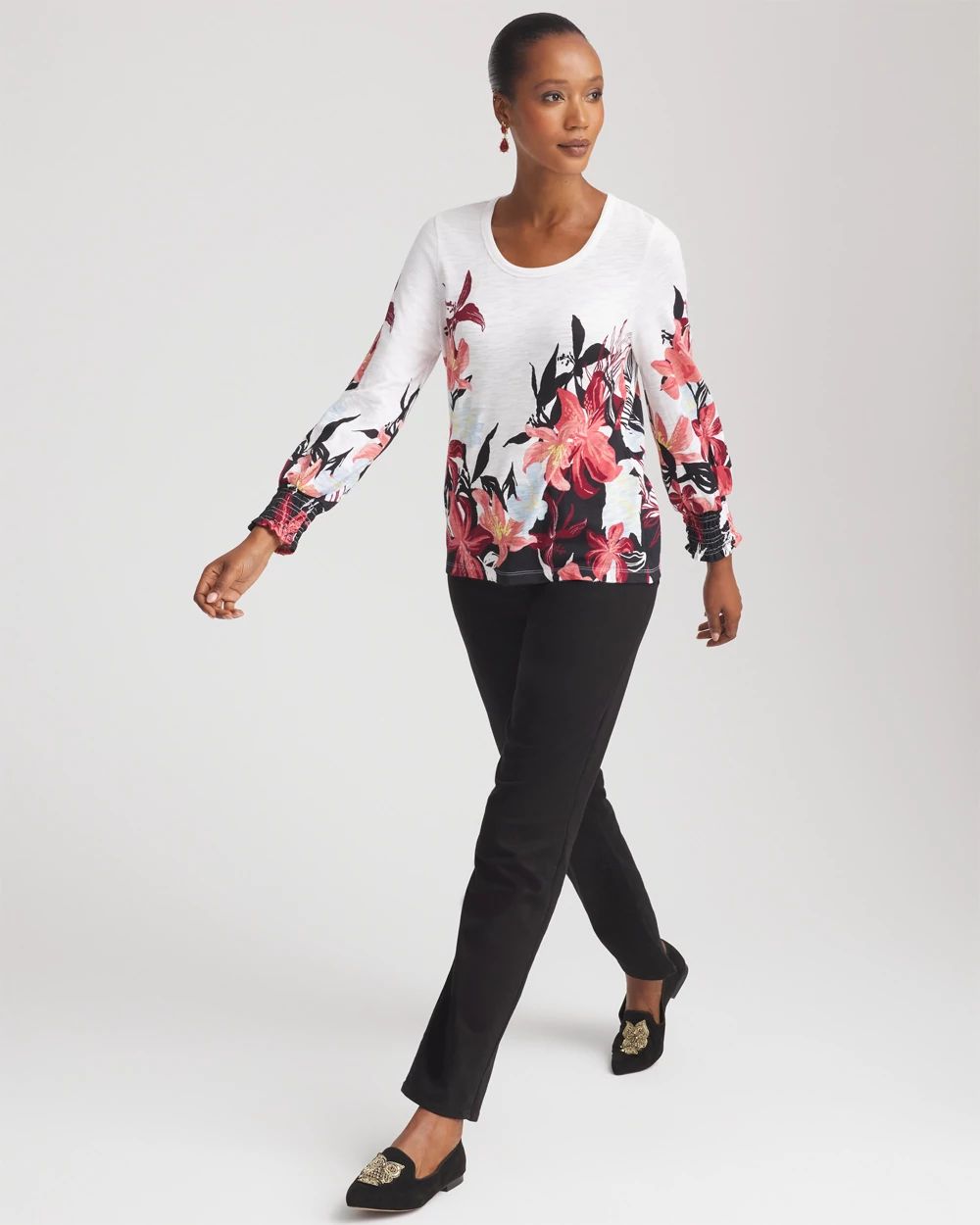 Floral-Motif Smocked Cotton-Slub Tee | Chico's